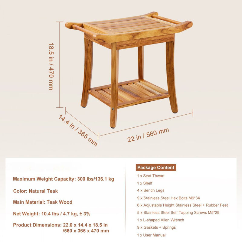 Waterproof Teak Shower Stool with Storage Shelf, Handle and Non Slip Feet-Natural image number 2