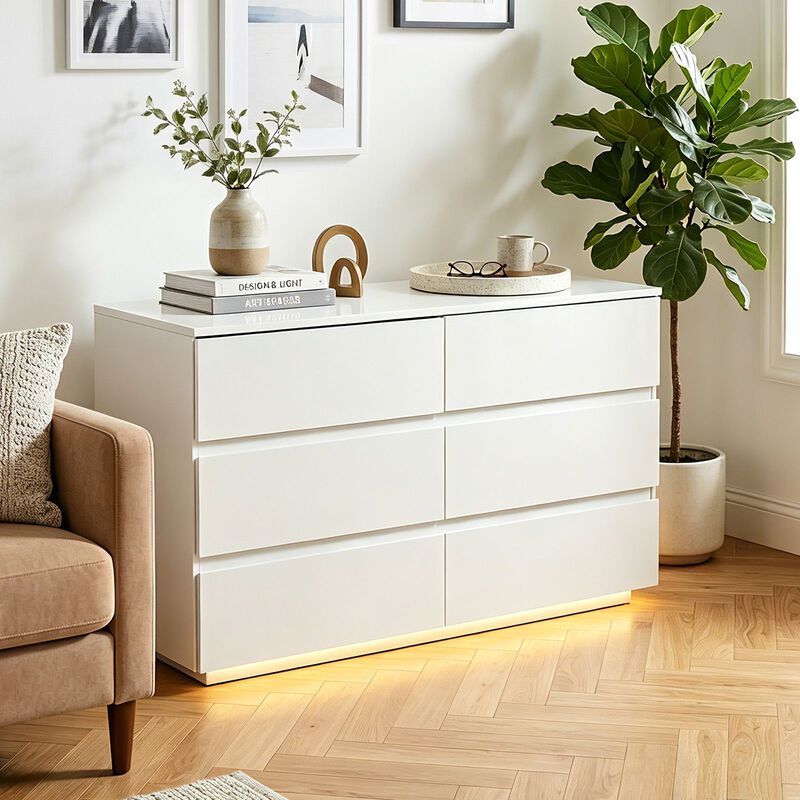 High Gloss 6 Drawer Storage Dresser with USB Powered RGB LED Lighting image number 1