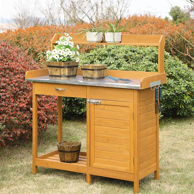 QuikFurn Outdoor Garden Organizer Stainless Steel Top Potting Bench Storage Cabinet