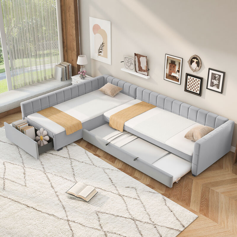 Merax L-Shaped Double Twin Upholstered Daybed with Trundle & Storage Drawer image number 2