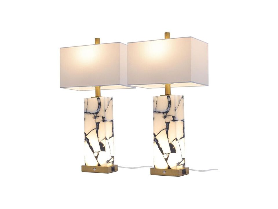 Natural Marble Table Lamps – Set of 2, 3-Color LED, USB A+C, Nightlight
