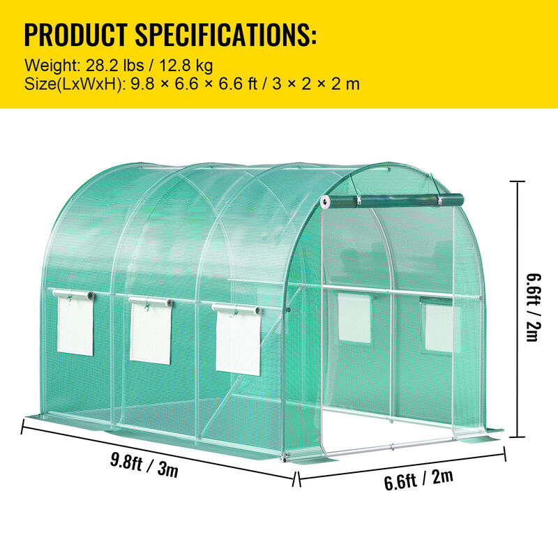 Portable Walk-In Tunnel Greenhouse with Steel Frame, Zippered Door & 6 Windows