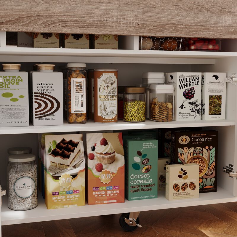 FUFU&GAGA 63" White Rolling Kitchen Island Cabinet with Flip-Top Tables, 2 Drawers, 2 Doors, Open Storage, and Lockable Wheels, Multi-Functional Serving Station (63 in. L x 31.7 in. D x 31.6 in. H),White