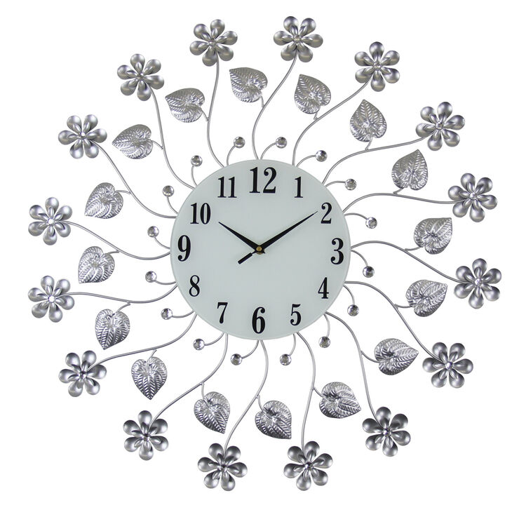 HomeRoots 27" Silver White And Black Metal and Glass Silent Analog Floral Round Wall Clock