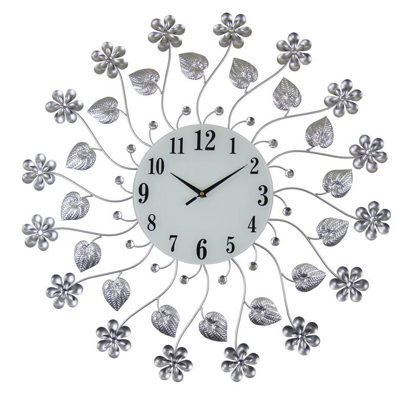 HomeRoots 27" Silver White And Black Metal and Glass Silent Analog Floral Round Wall Clock image number 0