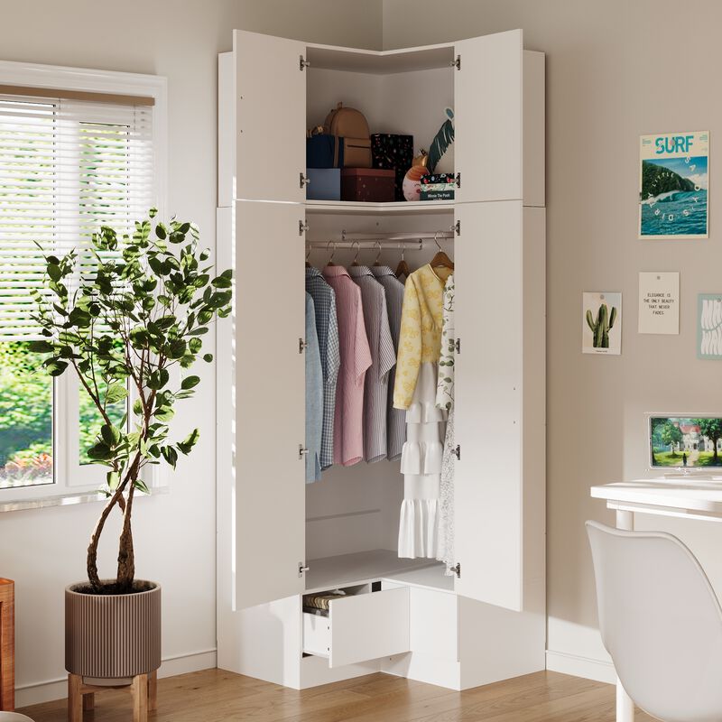 FUFU&GAGA Modern White L-Shaped Wardrobe with Large Storage, Doors & Top Cabinets with Golden Handles, Drawers, PB with Laminate Finish (35.4 in. W x 35.4 in. D x 94.5 in. H)