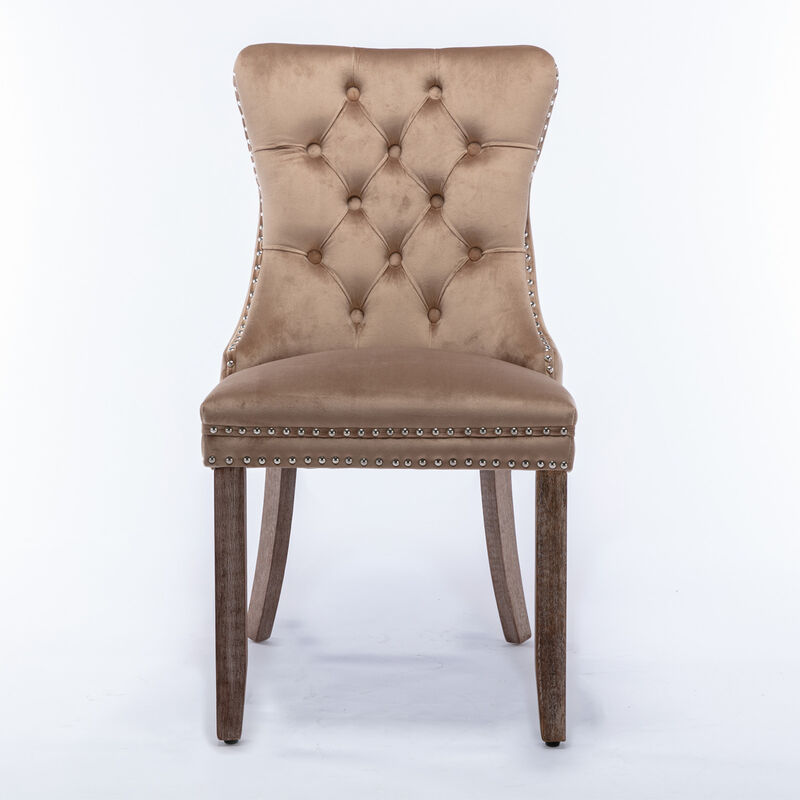 Streamdale 2 Pieces Set, Khaki Velvet Dining Chairs With Wood Legs