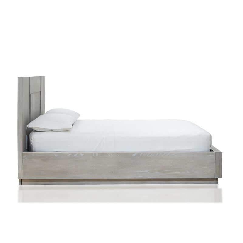 Joe Mahogany Wood Modern Platform Queen Bed, Plinth Base, Gray - Benzara
