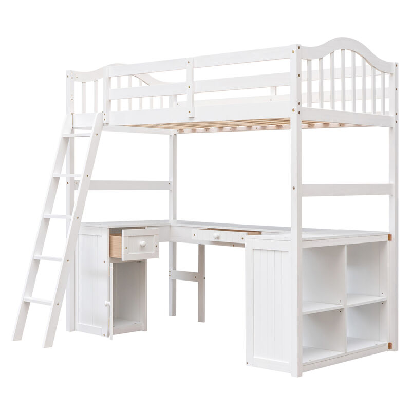 Twin size Loft Bed with Drawers, Cabinet, Shelves and Desk, Wooden Loft Bed with Desk - White image number 7