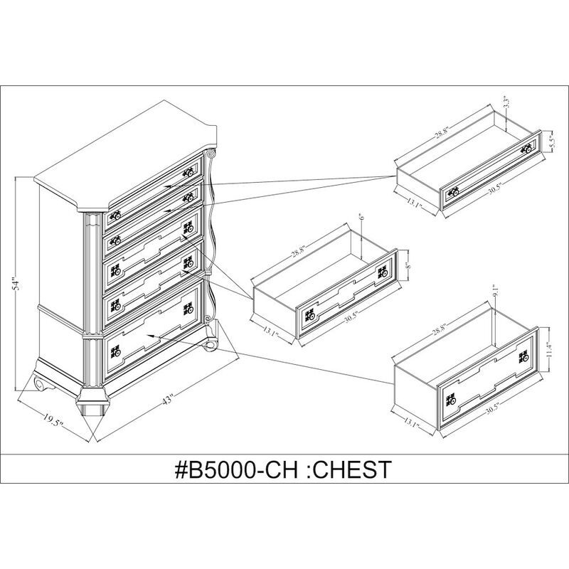 Best Master Furniture Belvedere 54" Traditional 5-Drawer Tallboy Chest, Carved Wood - Dark Cherry image number 4