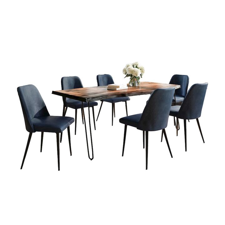 Jofran Seven Piece Solid Acacia Dining Set with Upholstered Mid-Century Modern Chairs