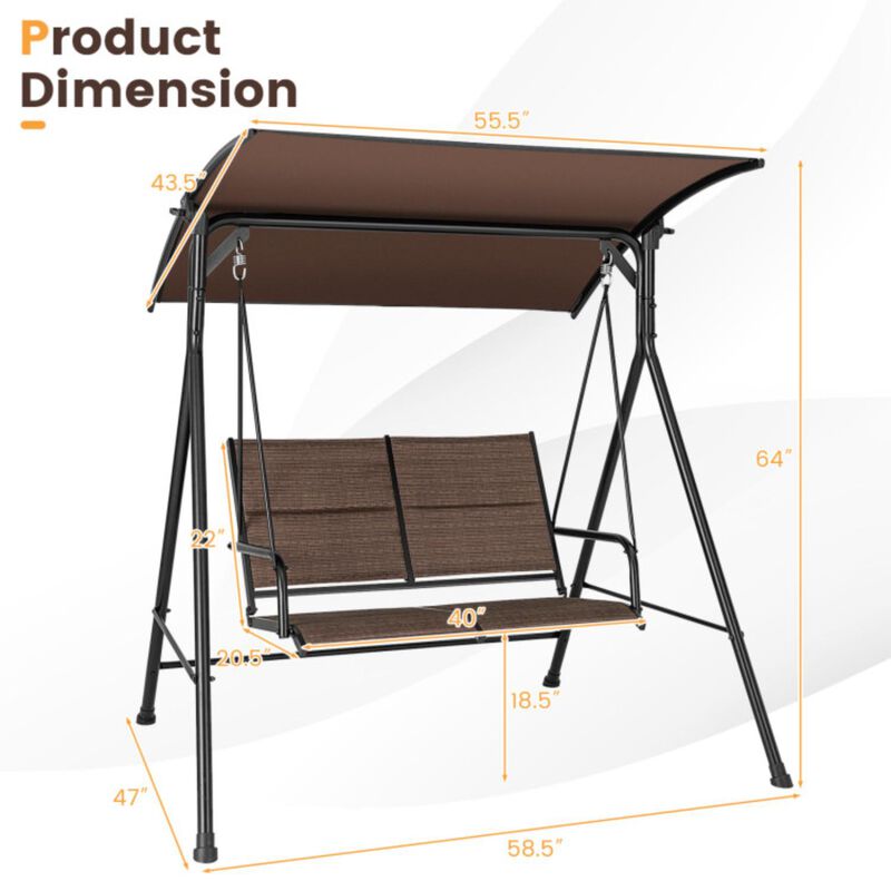 Hivvago 2 Person Porch Swing with Adjustable Canopy and Padded Seat-Brown