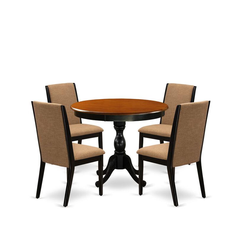East West Furniture 5-Piece Dinning Room Set Contains a Round Dining Table and 4 Light Sable Linen Fabric Upholstered Dining Chairs with High Back - Black Finish