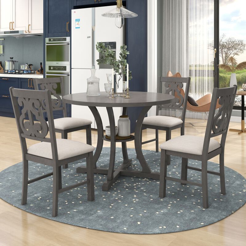 5-Piece Round Dining Table and Chair Set with Special-shaped Legs and an Exquisitely Designed Hollow Chair Back