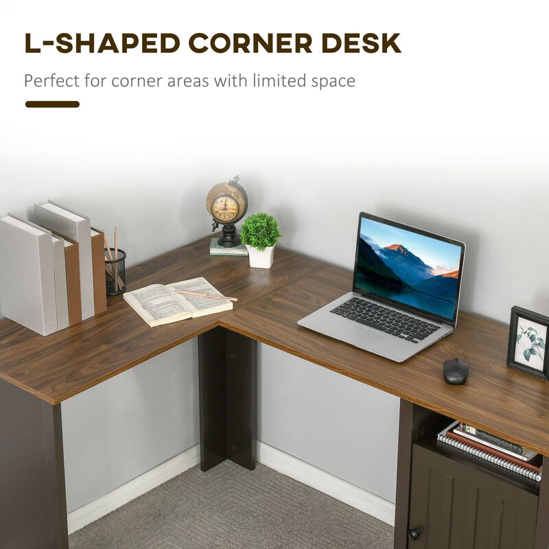 L-Shaped Computer Desk with Open Shelf and Storage Cabinet, Corner Writing Desk with Adjustable Shelf, Coffee / Walnut image number 4