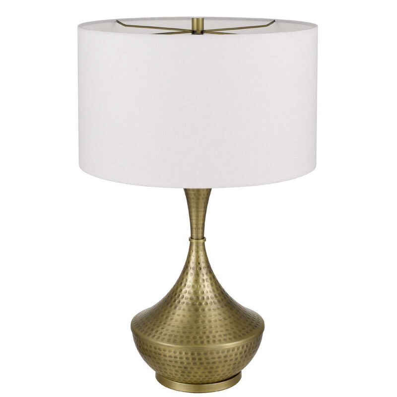 Table Lamp, White Linen Shade, Hammered Antique Brass Retro Hourglass Shape image number 4