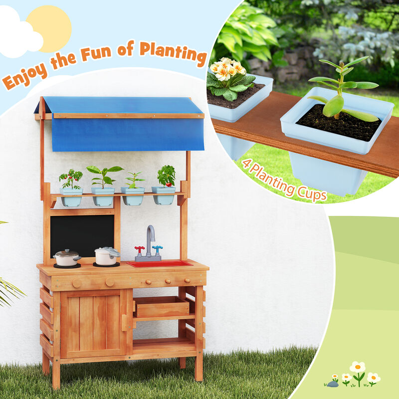Kids Wooden Pretend Kitchen Play Set with Adjustable Canopy for Creative Play