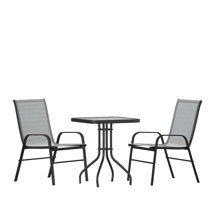 Flash Furniture 3 Piece Set - 23.5" Tempered Glass Patio Table, 2 Gray Stack Chairs