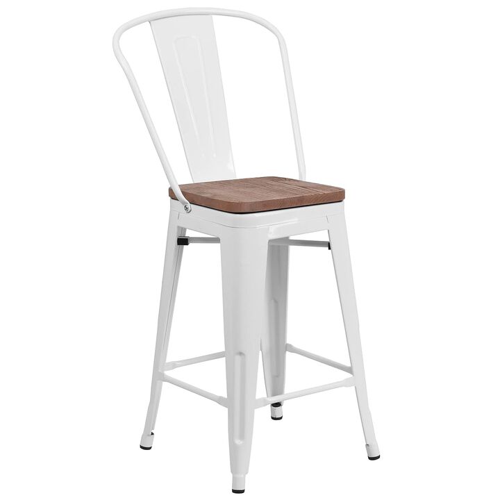 Flash Furniture Lily 24" High White Metal Counter Height Stool with Back and Wood Seat