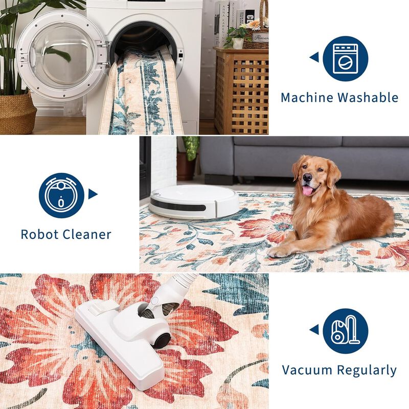 Modern Washable Folding Floral Print Rug, Soft Washable Non - Slip Backing for Living Room Bedroom image number 4