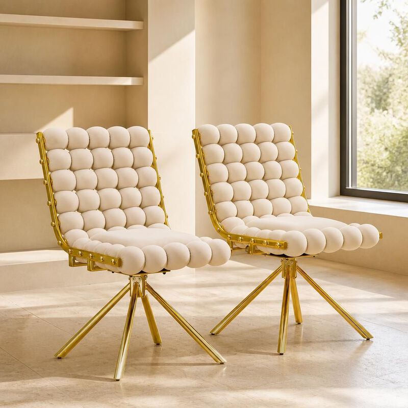 GOODSILO Set of Two Modern Tufted Puffy Bubble Velvet Dining Accent Swivel Chairs with Metal Legs for Dining Room and Kitchen image number 3