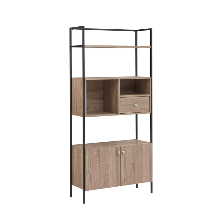 66 Inch 3 Tier Etagere Bookcase with Open Compartment, Cabinet, Black Metal Frame, Light Natural Brown-Benzara