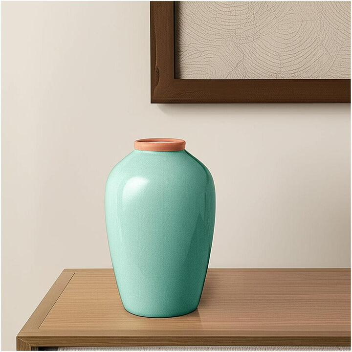 HomeRoots 13" Aqua And Terra Cotta Ceramic Round Table Vase