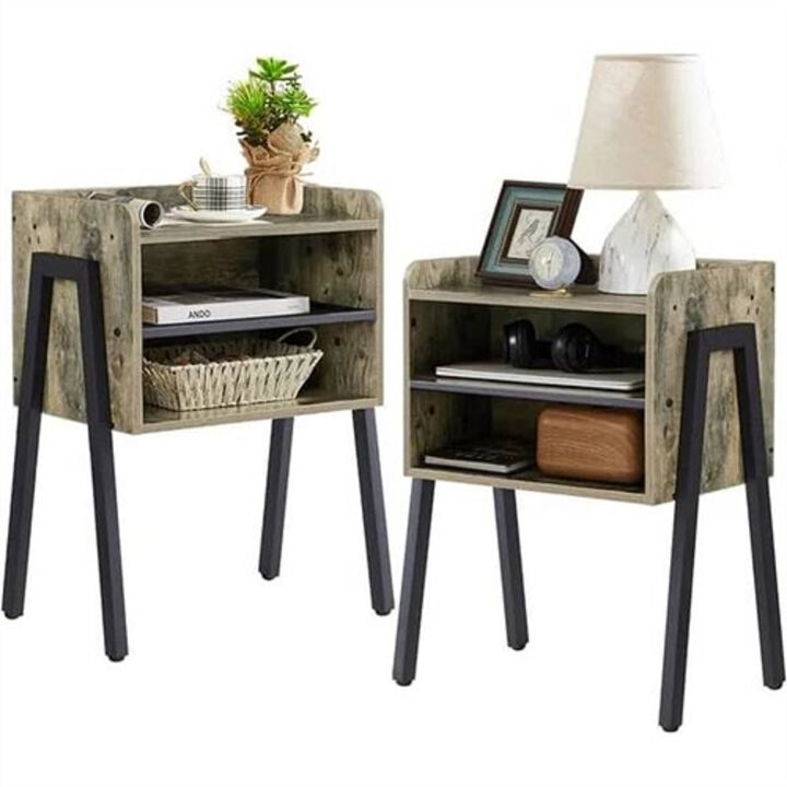 Set of 2 Industrial Style Wood and Metal Side Tables &ndash; Nightstands for Bedroom