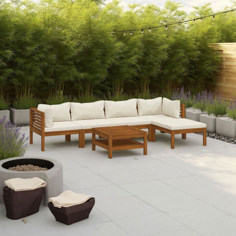 6pc Outdoor Modular Sofa Set, Coffee Table, Ivory, Brown Acacia Wood - Benzara image number 5