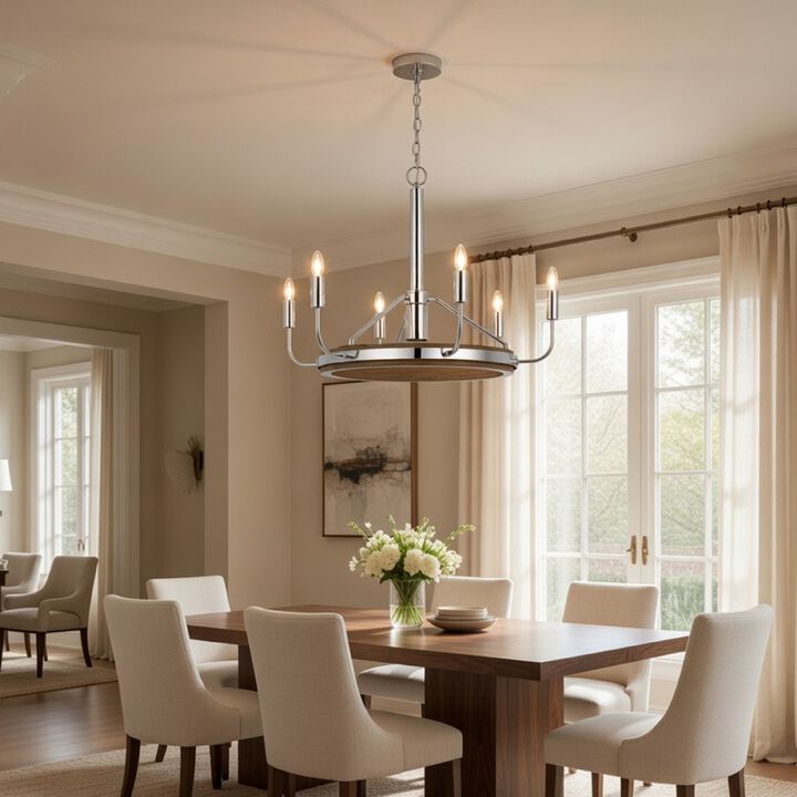 6-Light Candelabra Chandelier with LED, Chrome and Oak Wood, 26 Inch
