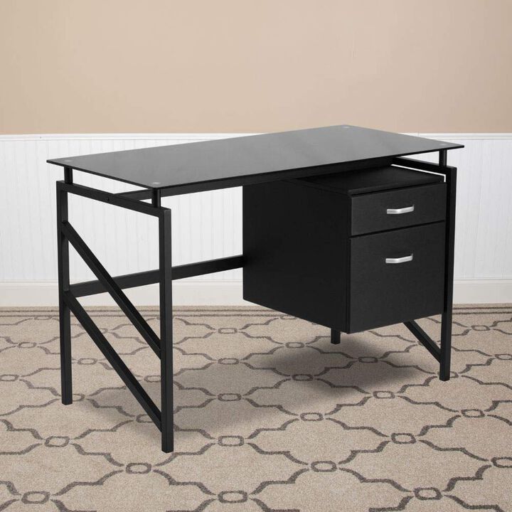 Flash Furniture Singleton Glass Desk with Two Drawer Pedestal,Black