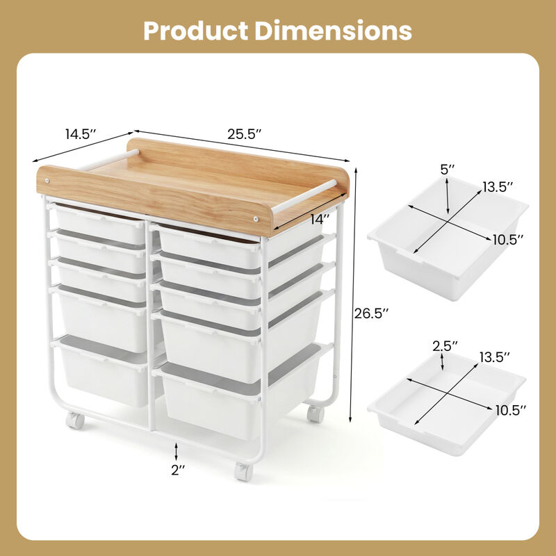 Office Rolling Storage Cart with 10 Drawers, Wooden Tabletop and Locking Wheels image number 2