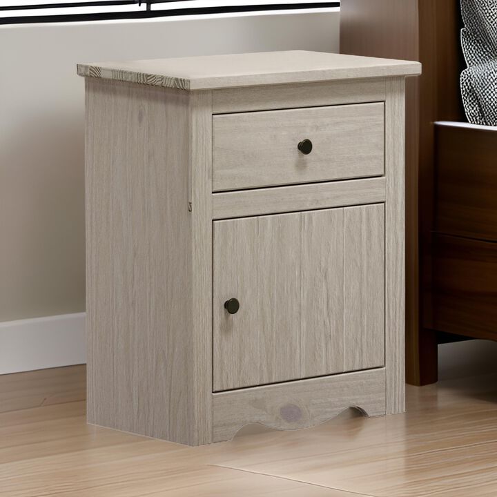 Stav Nightstand, 1 Drawer and Door, 25 Inch, Plank Style, White Solid Wood - Benzara