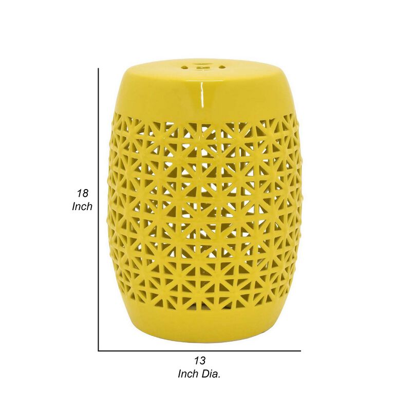 Vol 18 Inch Plant Stand Table Stool, Cut Out Details, Drum Shape, Yellow - Benzara