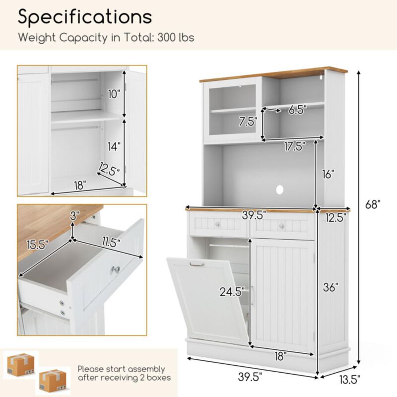 Hivvago Double Tilt Out Trash Cabinet with Hutch and Rubber Wood Countertop