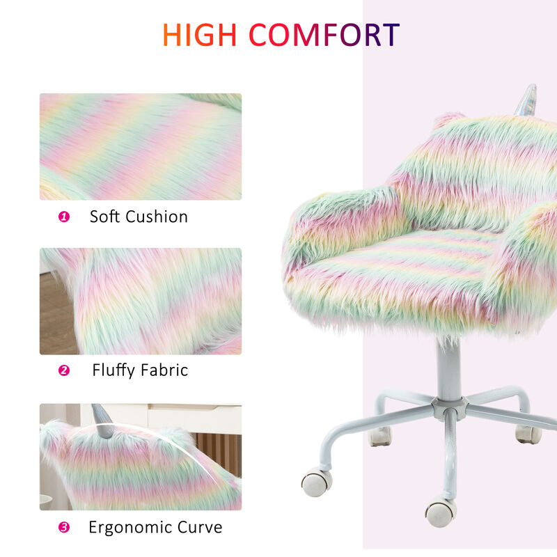 HOMCOM Fluffy Unicorn Office Chair with Mid-Back and Armrest Support, 5 Star Swivel Wheel White Base, Rainbow