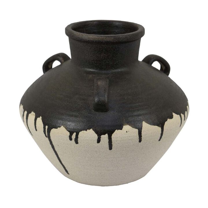 Caleb Accent Vase with Drip Pattern, Angled Handles Black Gray Ceramic