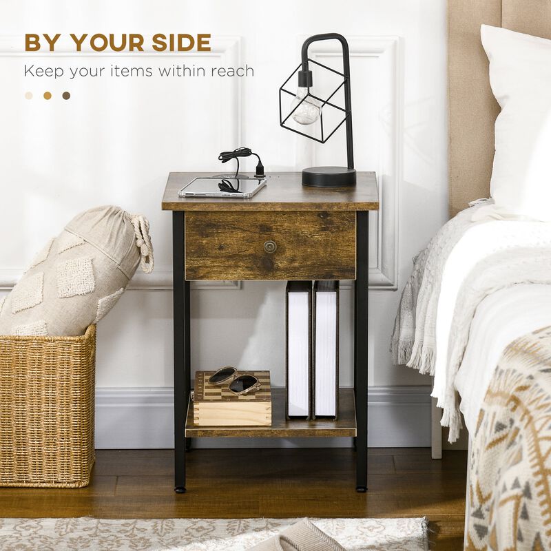 Rustic End Table: Wireless Charging, USB Ports, Warm Brown