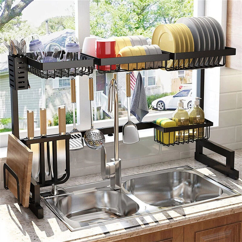 2-Tiers Adjustable Large Capacity Dish Drying Rack Over-The-Sink Space-Saving image number 2
