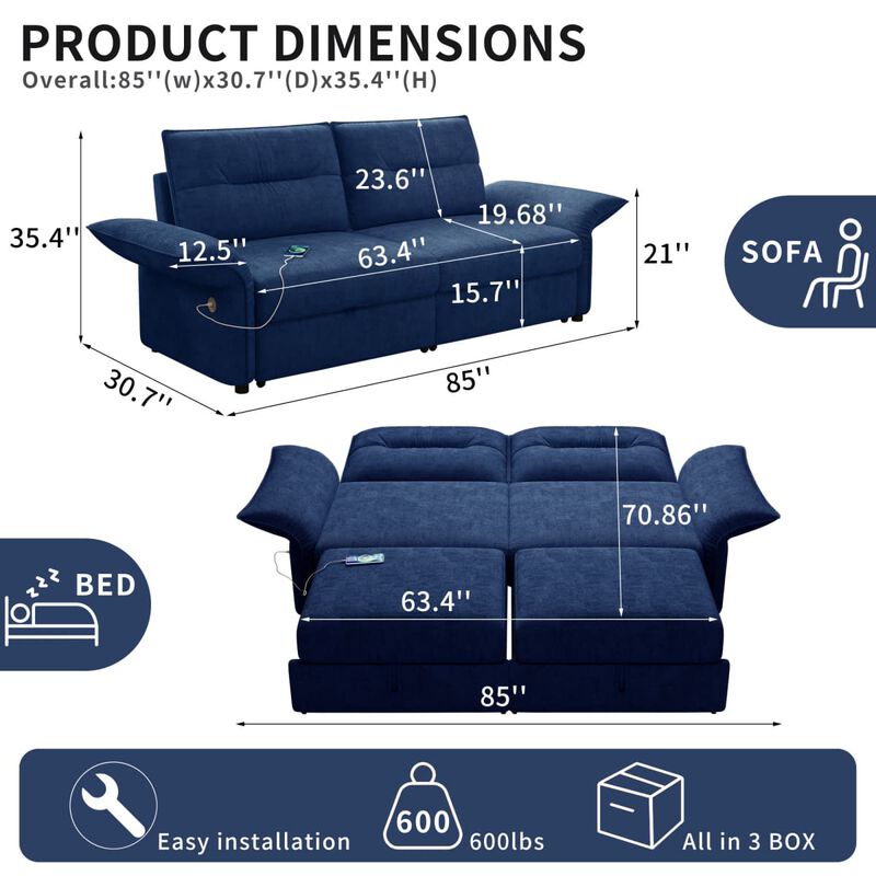 Convertible sleeper sofa bed, Plush fabric pull out futon with USB charging ports, 85 inch sofa bed for small spaces image number 2