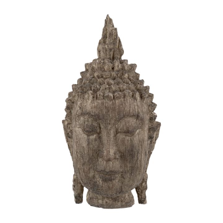 12 Inch Buddha Head Sculpture, Calming Accent Decoration, Polyresin, Brown - Benzara