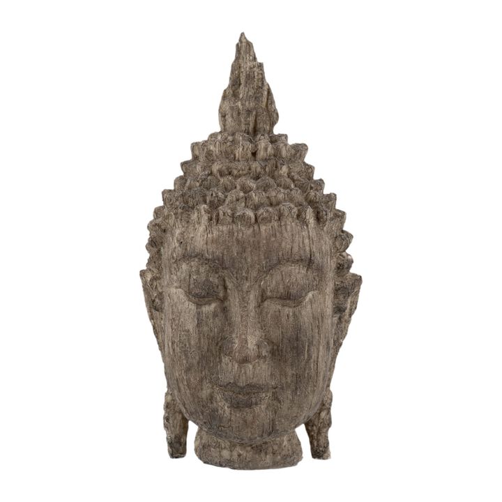 12 Inch Buddha Head Sculpture, Calming Accent Decoration, Polyresin, Brown-Benzara