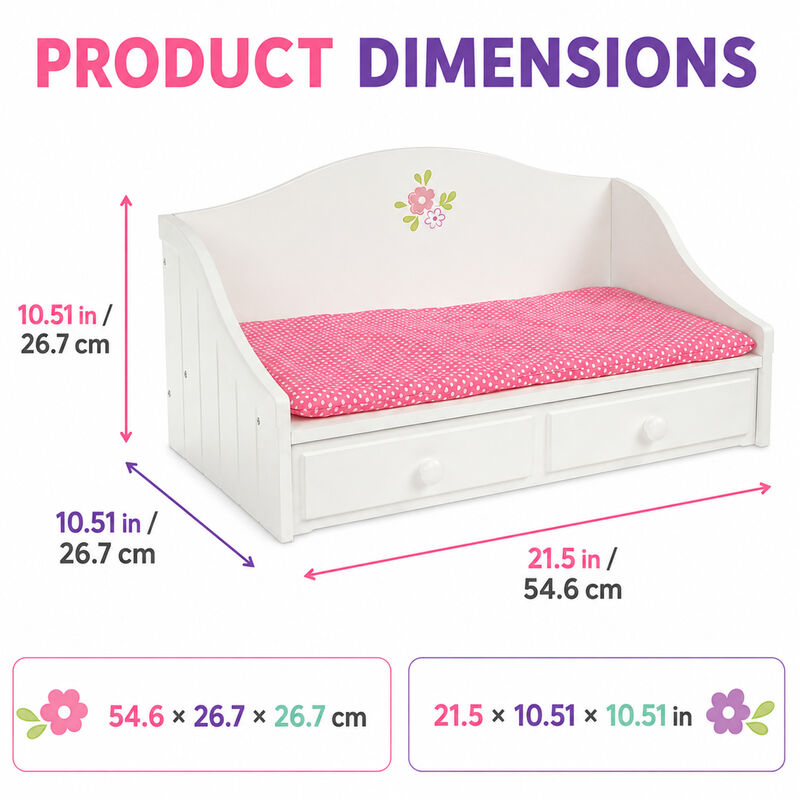 Olivia's Little World Doll Trundle Bed with Pink Bedding for 18" Dolls, White Doll Furniture, 2 interchangeable cushions (White and Polka Dot), Sliding Drawer image number 6