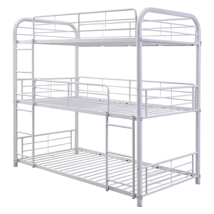 3 Tier Industrial Style Full Size Metal Bunk Bed, White-Benzara