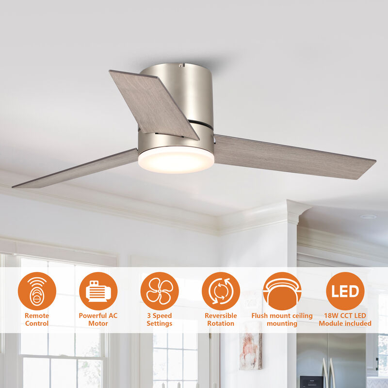 48" Modern 3-Blade Wooden Flush Mount Ceiling Fans with Light and Remote