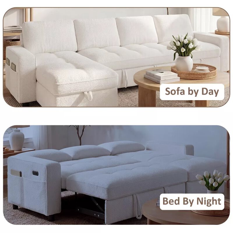 105" U-Shaped Sleeper Sofa Bed, Chenille Pull Out Couch with Reversible Storage Chaise, 5-Position image number 4