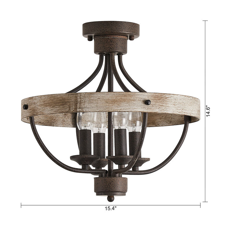 4-Light Rusted Brown Wheel Wood Semi-Flush Mount Ceiling Light