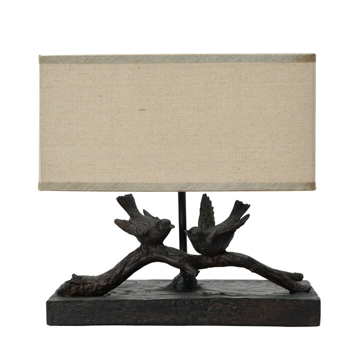 Rustic Resin Bird Lamp with Rectangle Shade, Black and Flax