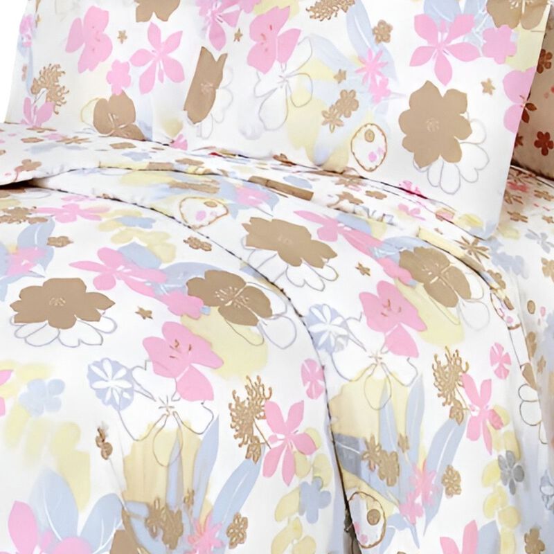 Pink Brown Floral Cotton King Duvet Cover Set with Pillow Shams image number 2