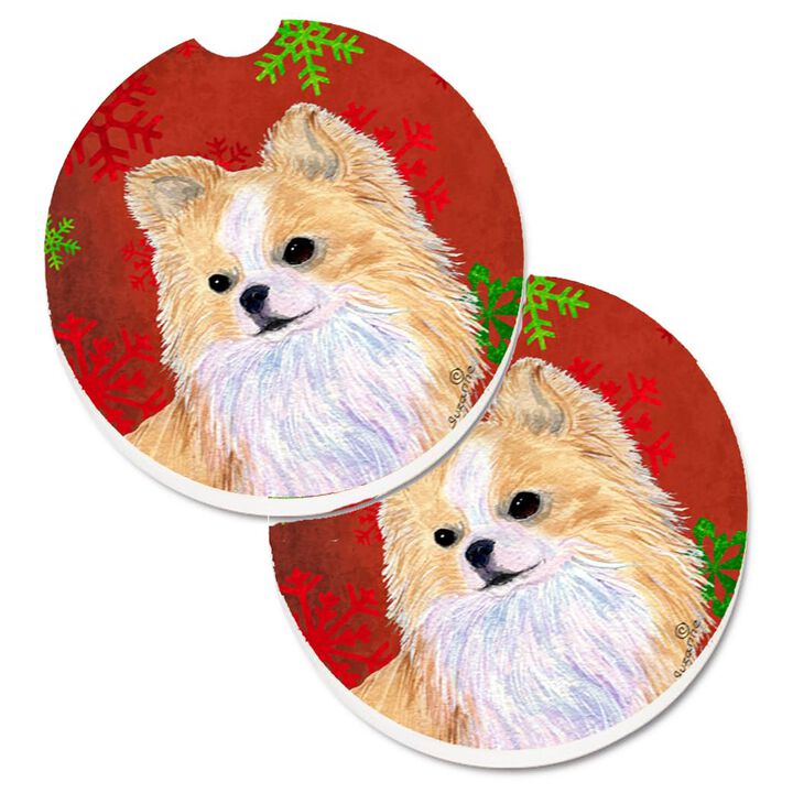 Caroline's Treasures Chihuahua Red & green Snowflakes Holiday Christmas Set of 2 Cup Holder Car Coasters SS4680CARC, 2.56, Multicolor